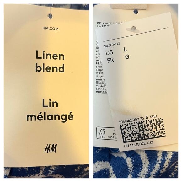 H&M New Dress Long Sleeve Split Neck Tie Waist Blue White Women’s Size Large - Picture 9 of 11